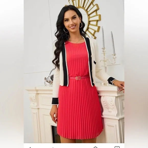 Sleeveless Pleated Dress Business Casual Cute Mini Shift Belted Dress new - Picture 2 of 6